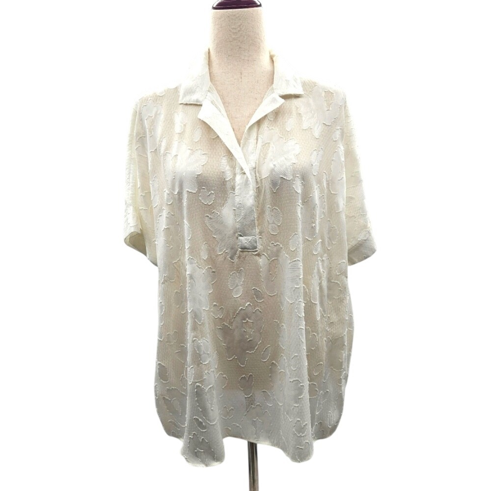 Alfani Womens White Floral‎ Jacquard Short Sleeve Polo Blouse Relaxed Fit M